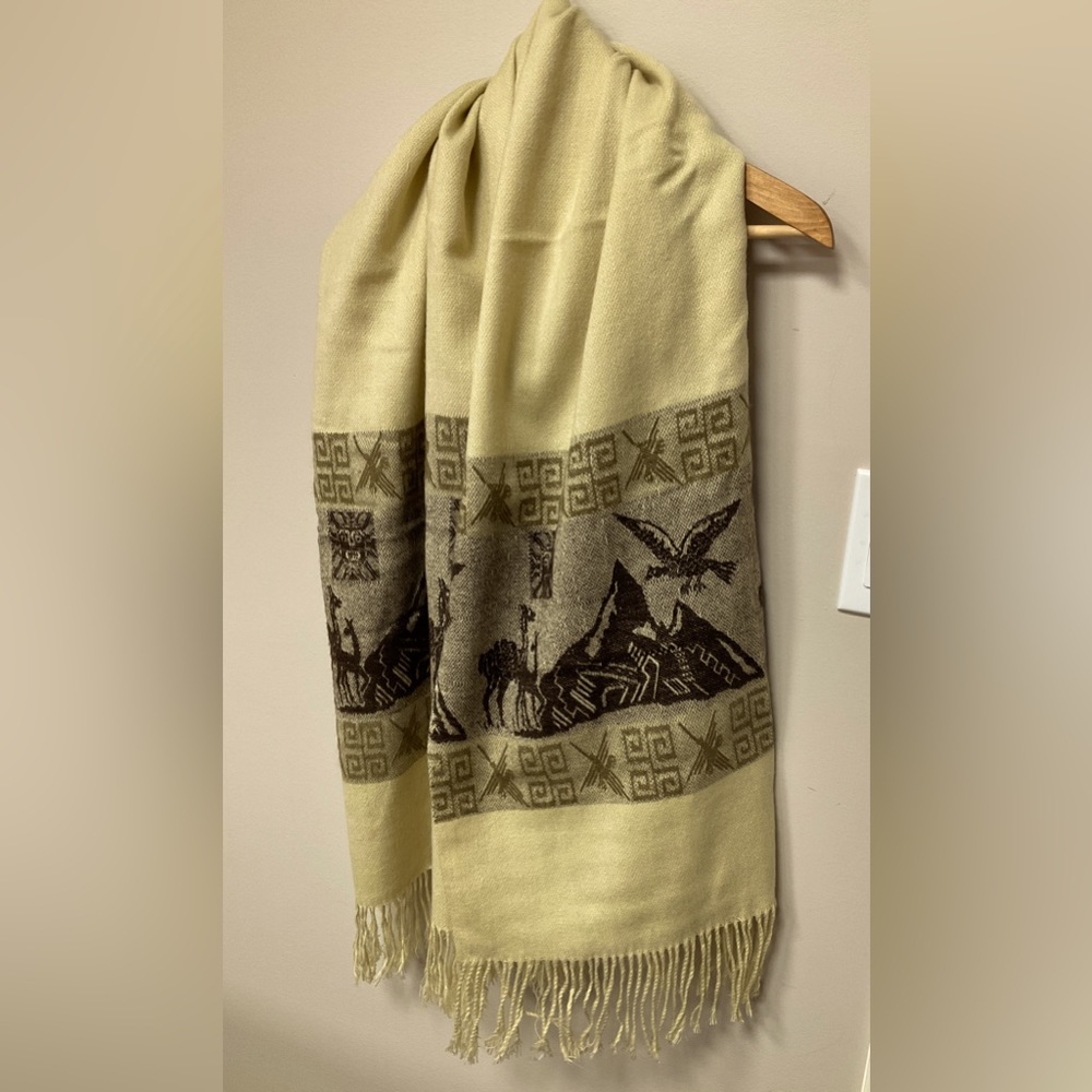 Wool Shall/ Scarf light gold/beige color with brown design - Great condition